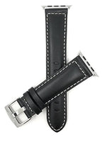 Bandini Replacement Watch Band for Apple Watch 38mm/40mm, Black, Leather, Mat, White Stitching, Fits Series 6, 5, 4, 3, 2, 1