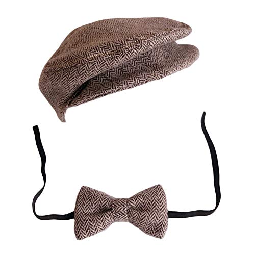 Baby Photography Props Monthly Boy Photo Shoot Outfits Infant Flat Cap Gentleman Hat Bowtie (Coffee)