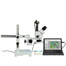 Load image into Gallery viewer, OMAX 3.5X-90X Digital Zoom Trinocular Single-Bar Boom Stand Stereo Microscope with 54 LED Ring Light and 9.0MP USB Digital Camera
