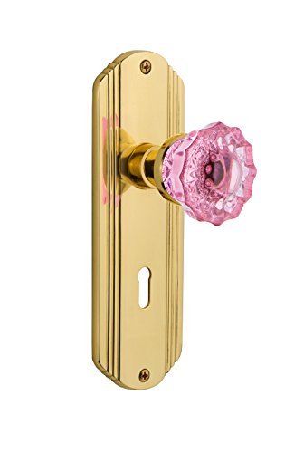 Nostalgic Warehouse 726167 Deco Plate Interior Mortise Crystal Pink Glass Door Knob in Polished Brass, 2.25