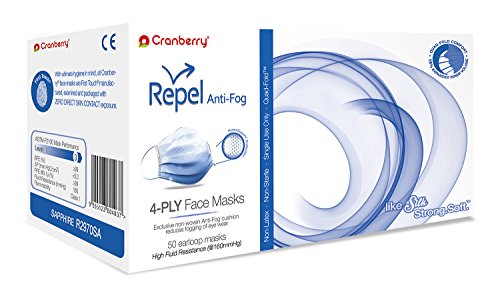 Cranberry USA R2970SA Repel 4-Ply Ear Loop Face Mask, Anti-Fog, Sapphire (Pack of 50)