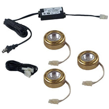 Load image into Gallery viewer, Jesco 3-Light Halogen Plastic Puck Kit, Polished Brass

