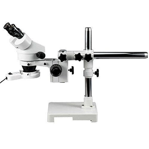 AmScope SM-3B-FRL Professional Binocular Stereo Zoom Microscope, WH10x Eyepieces, 7X-45X Magnification, 0.7X-4.5X Zoom Objective, 8W Fluorescent Ring Light, Single-Arm Boom Stand, 110V-120V