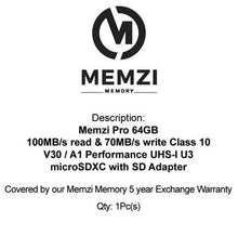 Load image into Gallery viewer, MEMZI PRO 64GB Micro SDXC Memory Card for ASUS ZenFone 3, 3 Laser, 3 Zoom, Max Plus, Max Cell Phones - High Speed Class 10 100MB/s Read 70MB/s Write V30 A1 UHS-I U3 4K Recording with SD Adapter
