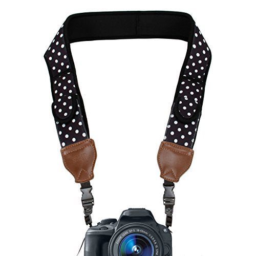 USA GEAR TrueSHOT Camera Strap with Polka Dot Neoprene Pattern , Accessory Pockets and Quick Release Buckles - Compatible With Canon , Nikon , Sony and More DSLR , Mirrorless , Instant Cameras