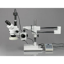 Load image into Gallery viewer, AmScope SM-4TZ-80AM-5M Digital Professional Trinocular Stereo Zoom Microscope, WH10x Eyepieces, 3.5X-90X Magnification, 0.7X-4.5X Zoom Objective, Eight-Zone LED Ring Light, Double-Arm Boom Stand, 110V
