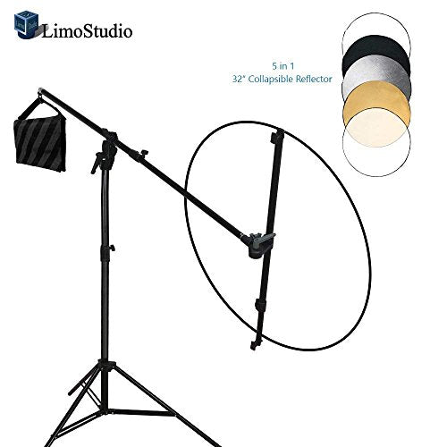 LimoStudio Swivel Reflector Support Holder Arm, 2 Way Rotatable Boom Stand Arm Bar with 32 Inch Diameter 5 Color in 1 Round Collapsible Reflector Disc Panel Boom Stand Kit, Sand Weight Bag, AGG2085