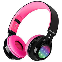 Bluetooth Headset, Riwbox AB005 Wireless Headphones 5.0 with Microphone Foldable Headphones with TF Card FM Radio and LED Light for Cellphones and All Bluetooth Enabled Devices (Black&Pink)