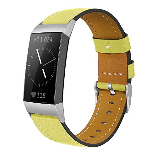 Shangpule Compatible for Fitbit Charge 4 / Fitbit Charge 3 / Fitbit Charge 3 SE bands, Genuine Leather Band Replacement Accessories Straps Women Men Small Large (Yellow)