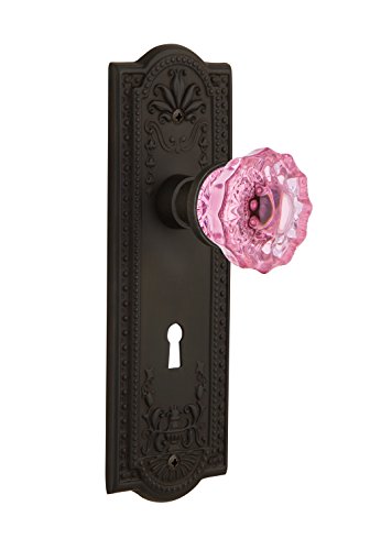 Nostalgic Warehouse 725556 Meadows Plate with Keyhole Privacy Crystal Pink Glass Door Knob in Oil-Rubbed Bronze, 2.75