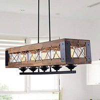 LALUZ Farmhouse Kitchen Island Wood Hanging Light Fixture A03145, 5 Glass Globes, Linear Chandelier for Dining Rooms
