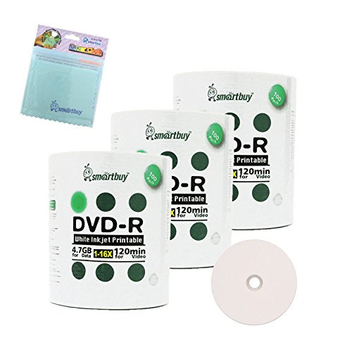 Smartbuy 300-disc 4.7GB/120min 16x DVD-R White Inkjet Hub Printable Blank Media Disc + Free Micro Fiber Cloth