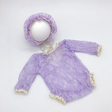 Load image into Gallery viewer, Baby Photography Props Lace Hats Rompers Newborn Girl Photo Shoot Outfits Hat Set Infant Princess Costume (Purple)
