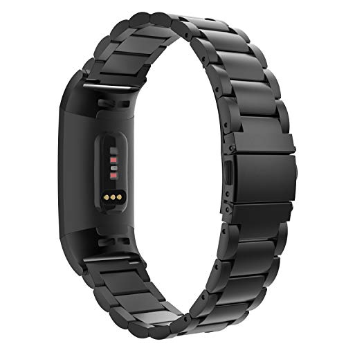 MoKo Band Compatible with Fitbit Charge 3/Charge 4, Premium Stainless Steel Metal Watch Band Replacement Strap Band Bracelet with Watch Lugs Fit Fitbit Charge 3/Charge 4 - Black