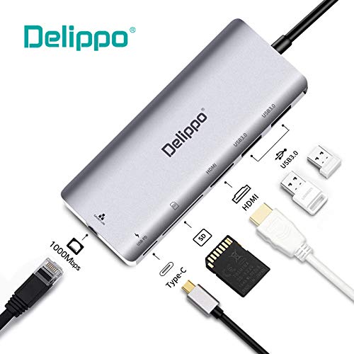Delippo USB C Docking Hub 6 in 1 Dongles Ethernet hub, 4K HDMI,2USB 3.0 Ports,USB C PD Port,SD Card Reader,1000M Gigabit Ethernet Ports Multifunction Adapter for MacBook, Dell and More Type c Device