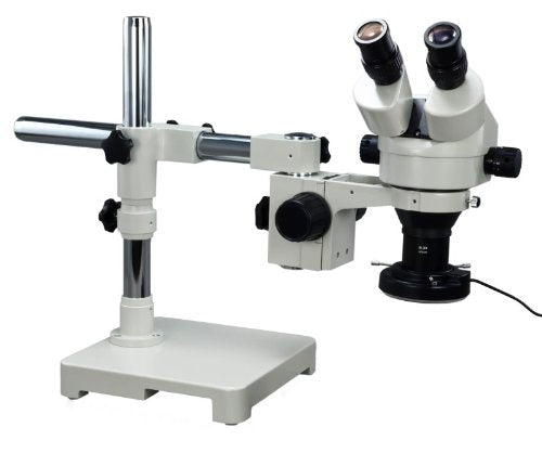 OMAX 7X-45X Zoom Binocular Single-Bar Boom Stand Stereo Microscope with 144 LED Ring Light and Light Control Box