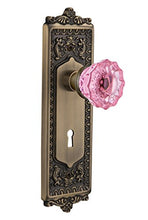 Load image into Gallery viewer, Nostalgic Warehouse 726211 Egg &amp; Dart Plate Interior Mortise Crystal Pink Glass Door Knob in Antique Brass, 2.25
