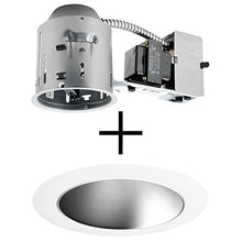 Load image into Gallery viewer, Juno Lighting TC44R &amp; 447HZ-WH Combo 4-Inch Low-Voltage TC rated Remodel Recessed Housing with Adjustable/Downlight Haze Finish Cone Reflector, White Trim Ring
