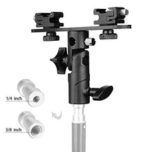 Load image into Gallery viewer, ChromLives Dual Flash Bracket Hot Shoe Speedlight Stand Umbrella Holder Light Stand Bracket Mount 1/4&#39;&#39; to 3/8&#39;&#39; Compatible with Studio Video DSLR Camera Canon Nikon Yongnuo
