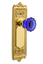 Load image into Gallery viewer, Nostalgic Warehouse 724497 Egg &amp; Dart Plate Privacy Crystal Cobalt Glass Door Knob in Polished Brass, 2.375

