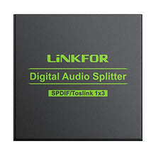 Load image into Gallery viewer, LiNKFOR 3 Port Toslink Splitter with 4pcs 6ft Optical Cable Digital Optical Audio Splitter Aluminum Alloy SPDIF Toslink Fiber Audio Splitter 1 in 3 Out Support Dolby-AC3 DTS for PS3 DVD HDTV
