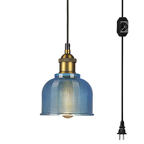 Swag Plug-in Handmade Glass Pendant Lamp 15 Foot Black Cord with On/Off UL Certification Dimmable Blue Glass Baroque Stytle Hanging Swag Lamp no Wiring Needed Bulb Not Included
