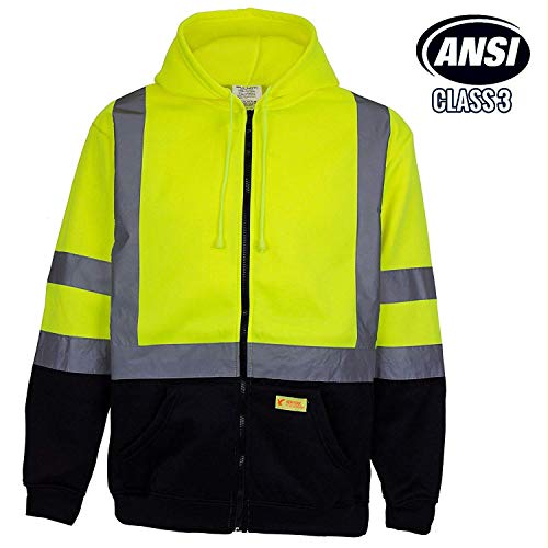 New York Hi-Viz Workwear H9012 Men's ANSI Class 3 High Visibility Class 3 Sweatshirt, Full Zip Hooded, Lightweight, Black Bottom (Medium)