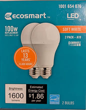Load image into Gallery viewer, EcoSmart 100-Watt Equivalent A19 Dimmable Energy Star LED Light Bulb Soft White (2-Pack)
