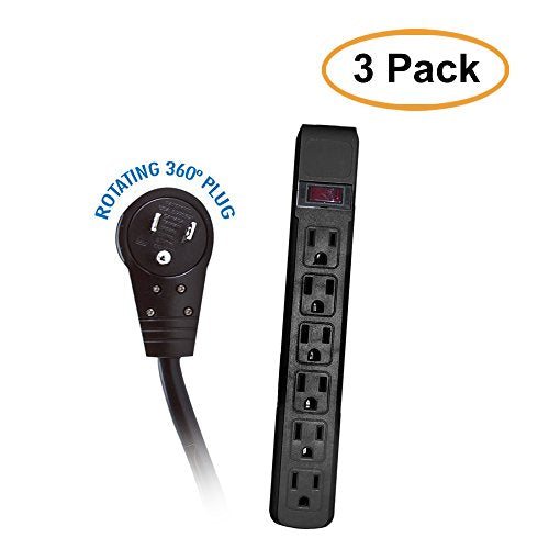 ACL 25 Feet Surge Protector, Flat Rotating Plug, 6 Outlet, Black Horizontal Outlets, Plastic, Power Cord, 3 Pack