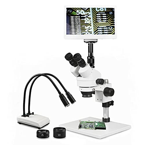 Vision Scientific Simul-Focal Trinocular Zoom Stereo Microscope,10x WF, 3.5x-90x Magnification,0.5x & 2x Aux Lens, Pillar Stand- Large Base, LED Gooseneck Dual Light,11.6 Screen Display W/ 5MP Camera