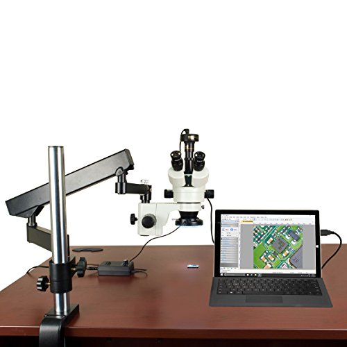 OMAX 3.5X-90X Digital Zoom Articulating Arm Trinocular Stereo Microscope with 2.0MP USB Camera and 144 LED Ring Light with Light Control Box