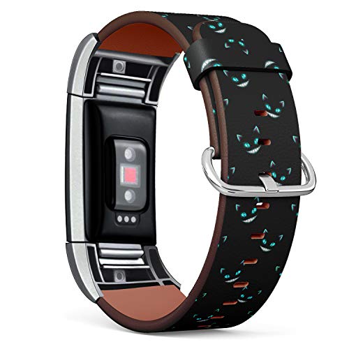 Replacement Leather Strap Printing Wristbands Compatible with Fitbit Charge 2 - Disappearing Cheshire Cat Faces on Black Background