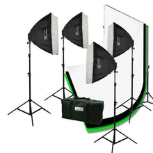 Load image into Gallery viewer, ePhoto 3200 Watt 4 Softbox Photo Video Studio Portrait Lighting with CHROMAKEY Green Black White Screen Background Support Stand Set H9004S469BWG
