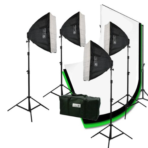 ePhoto 3200 Watt 4 Softbox Photo Video Studio Portrait Lighting with CHROMAKEY Green Black White Screen Background Support Stand Set H9004S469BWG