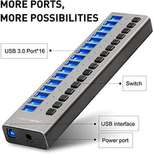 Load image into Gallery viewer, Powered USB Hub - ACASIS 16 Ports 90W USB 3.0 Data Hub - with Individual On/Off Switches and 12V/7.5A Power Adapter USB Hub 3.0 Splitter for Laptop, PC, Computer, Mobile HDD, Flash Drive and More
