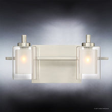 Load image into Gallery viewer, Luxury Modern Bathroom Vanity Light, Medium Size: 6&quot;H x 13&quot;W, with Posh Style Elements, Brushed Nickel Finish and Sand Blasted Inner, Clear Outer Glass, G9 LED Technology, UQL2400 by Urban Ambiance
