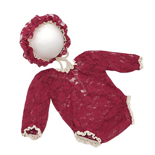 Baby Photography Props Lace Hats Outfit Newborn Girl Photo Shoot Outfits Hat Set Infant Princess Costume (Red)