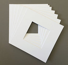 Load image into Gallery viewer, Pack of 10 8x8 Square White Picture Mats with White Core Bevel Cut for 4x4 Pictures
