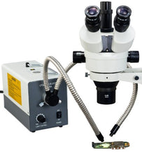 Load image into Gallery viewer, OMAX 2X-90X Zoom Trinocular Dual-Bar Boom Stand Stereo Microscope with Cold Y-Type Gooseneck Fiber Light
