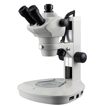 Load image into Gallery viewer, 8X-50X Track Stand Stereo Zoom Trinocular Microscope w/Top &amp; Bottom LED Lights
