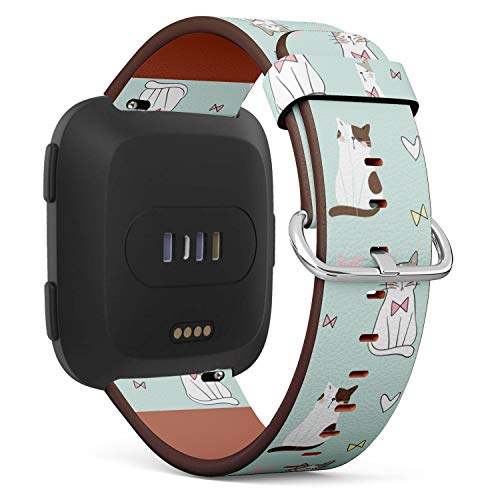 Replacement Leather Strap Printing Wristbands Compatible with Fitbit Versa - Doodle Style Cute cat on Green Pastel