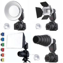Load image into Gallery viewer, Flash Gun Strobies Flex Mount Modifier, Adapter Kit with Softbox, Diffuser, Beauty Dish Reflector, Snoot, Honeycomb, Barndoor
