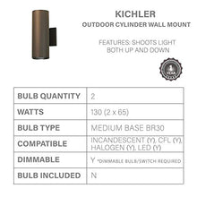 Load image into Gallery viewer, Kichler 9244AZ, Aluminum Outdoor Wall Sconce Lighting, 130 Total Watts, Architectural Bronze, 12&quot; Height
