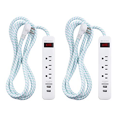 Cable Matters 2-Pack 3 Outlet Surge Protector Power Strip with USB, 8 ft long Extension Cord with Low Profile Plug (Surge Protector with USB Ports) in White