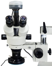 Load image into Gallery viewer, OMAX 2X-90X Digital Zoom Trinocular Dual-Bar Boom Stand Stereo Microscope with 9.0MP USB Camera and 144 LED Ring Light with Light Control Box
