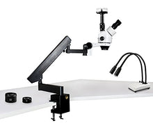 Load image into Gallery viewer, Parco Scientific Simul-Focal Trinocular Zoom Stereo Microscope,10xWF Eyepiece,3.5x-90x Magnification,0.5x&amp;2xAux Lens,Articulating Arm Clamp Stand,LED Gooseneck Dual Light,3.0MP Digital Eyepiece Camera
