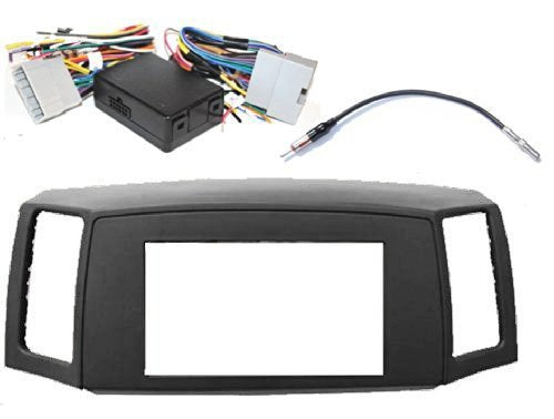 Double Din Navigation Radio Bezel Dash Install Kit with Premium Wiring Harness RETAINS Steering Wheel Controls and Antenna Adapter - Grey Compatible with Jeep Grand Cherokee 2005-2007