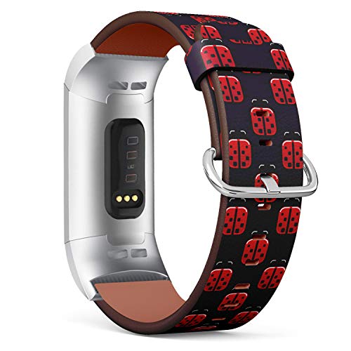 Replacement Leather Strap Printing Wristbands Compatible with Fitbit Charge 3 / Charge 3 SE - Stylized red and Black Spotted Ladybird or Ladybug Pattern