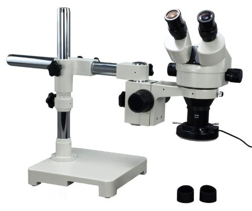 OMAX 2.1X-45X Zoom Binocular Single-Bar Boom Stand Stereo Microscope with 144 LED Ring Light and Light Control Box