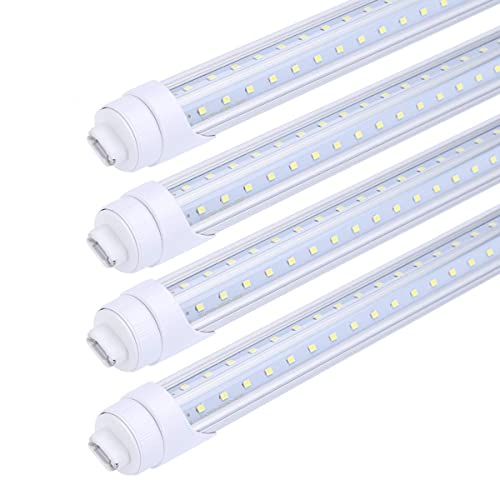 FALANFA 8ft R17D Rotatable HO Base led Tube Light 65W,270 Degree V Shaped LED Chip Bulbs,T8 6000K Cool White,Clear Cover,85V-265V,Dual-Ended Powered(Pack of 4